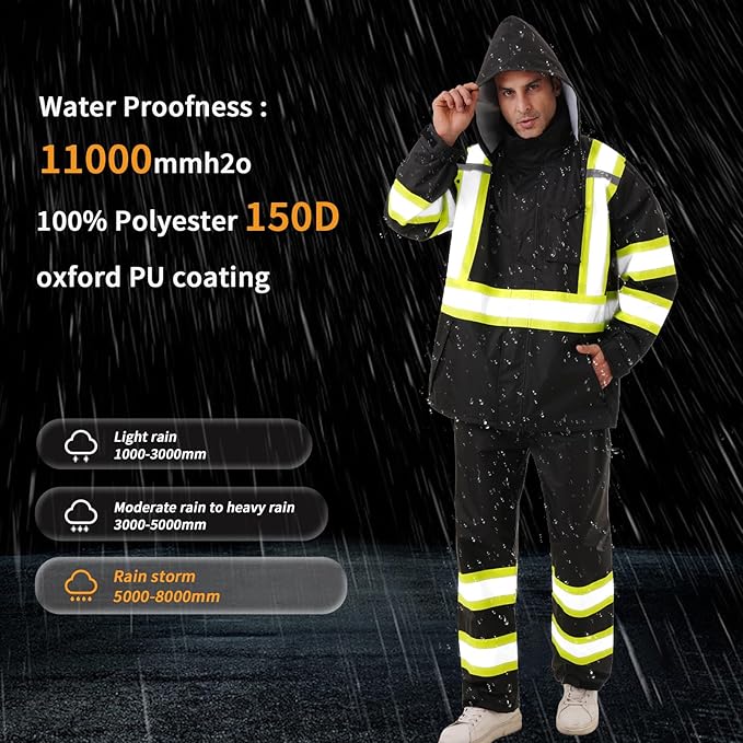 Hi Vis Safety rain Jacket，Reflective Class 3 Rain coat with Inner Mesh Lining and Pockets High Visibility Waterproof work Rain Suits for men&women（Black,2XL/3XL）