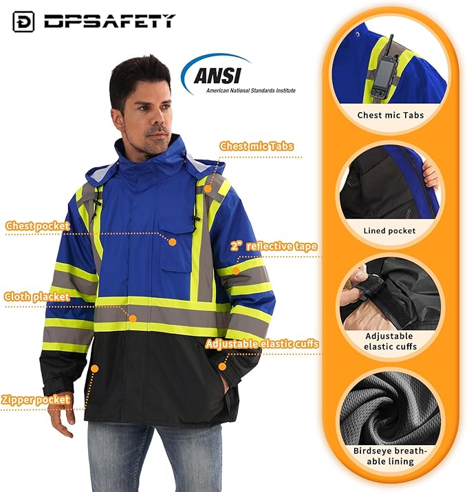 Reflective Rain jackets for men waterproof,Hi Vis Safety Coat With Reflective Strips，High Visibility Class 3 Rain jackets With 2 large pockets,Zipper,Blue,SM/MD