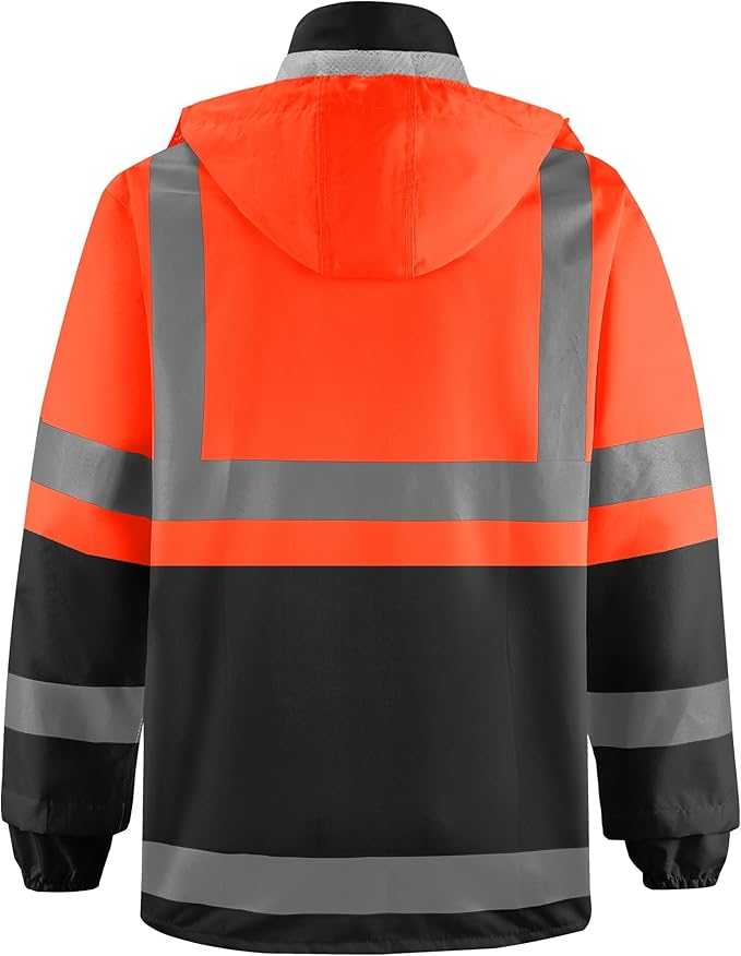 iCreek Reflective High Visibility Safety Jacket,Safety Rain Jacket with Hood,Lightweight Workwear for Outdoor Construction