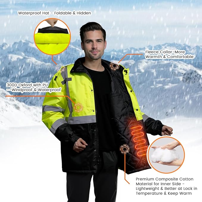 TCCFCCT Safety Jacket for Men & Women, Hi Vis Reflective Jackets with Pockets, Construction Coats for Cold Weather, High Vis Rain Gear, Waterproof, Long J-Yellow, 5XL
