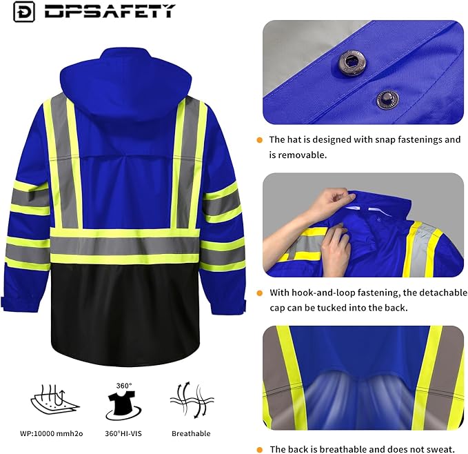 Reflective Rain jackets for men waterproof,Hi Vis Safety Coat With Reflective Strips，High Visibility Class 3 Rain jackets With 2 large pockets,Zipper,Blue,SM/MD