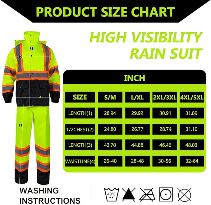 Class 3 High Visibility Rain Suit With Detachable Hood Waterproof Lime Reflective Safety Worker Jacket & Pants (S/M Yellow)