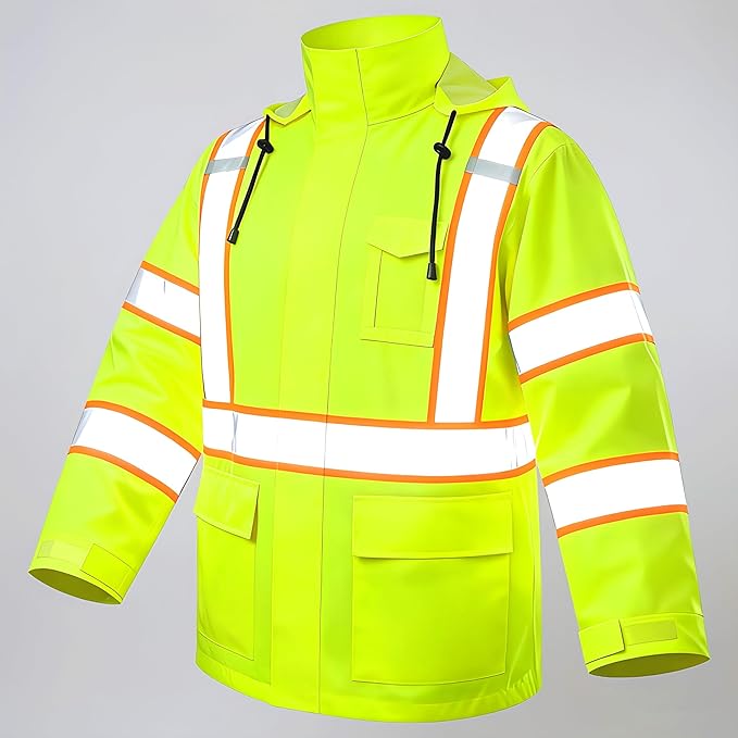 High Vis Reflective Safety Rain Jacket for Men, Class 3 Hi Vis Rain Gear for Construction Workers (Yellow,L/XL)