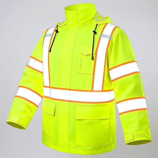 High Vis Reflective Safety Rain Jacket for Men, Class 3 Hi Vis Rain Gear for Construction Workers (Yellow,L/XL)