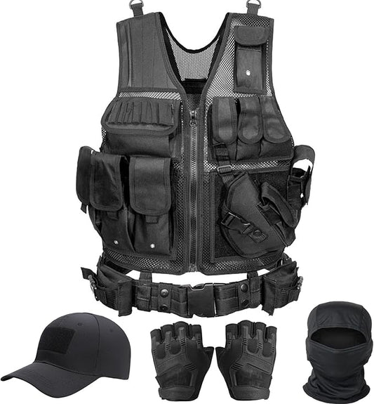 VPZenar Tactical Vest for Men, Airsoft Vest, Black Molle Vest and Cap Protective Equipment, Tactical Airsoft Gear