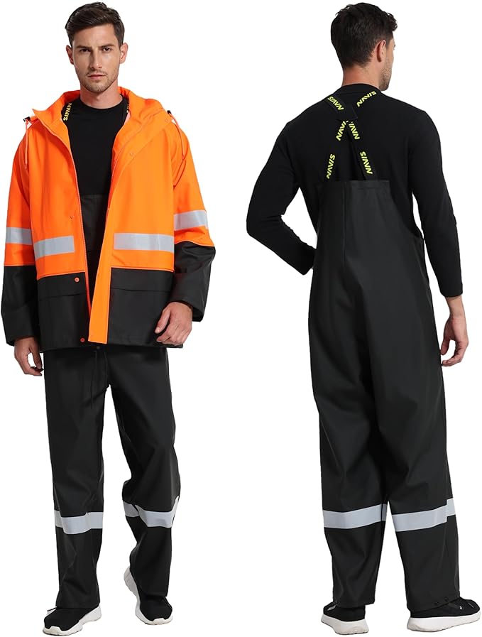 Men's Hi Vis PRO Workwear Waterproof 3-Piece Heavy Duty PU Reflective Rain Jacket, Hoodie & Bib Pants for Work and Safety