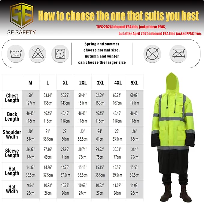 sesafety Safety Rain Coats for Men Work, Class 3 HighVisibility Rain Gear Construction, Reflective Hi Vis RainJacket Lightweight Waterproof