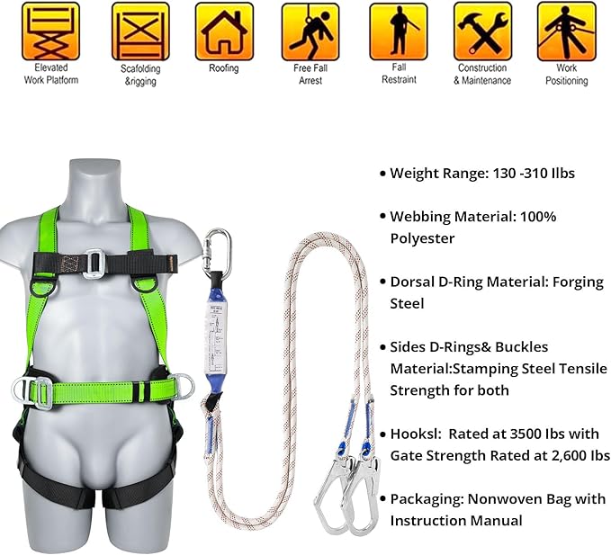 TT TRSMIMA Safety Harness Fall Protection Kit - Full Body Roofing harnesses with Shock Absorbing Lanyard Upgrade Paded