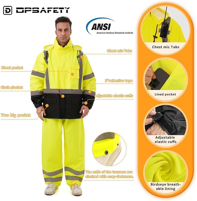 Hi Vis Safety rain Jacket，Reflective Class 3 Rain coat with Inner Mesh Lining and Pockets High Visibility Waterproof work Rain Suits for men&women（Lime,2XL/3XL）