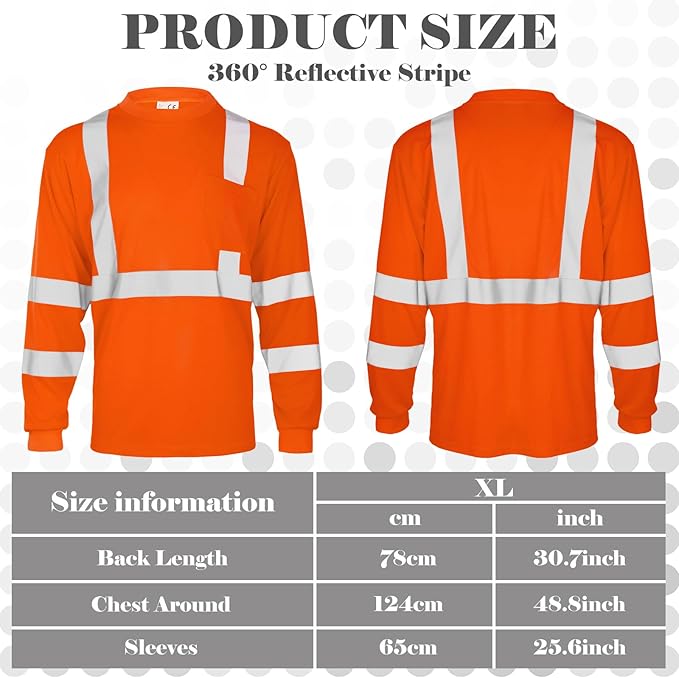 Amylove 4 Pcs Long Sleeve Safety Shirt High Visibility Reflective Construction Work Shirts for Men Women(XL,Orange)