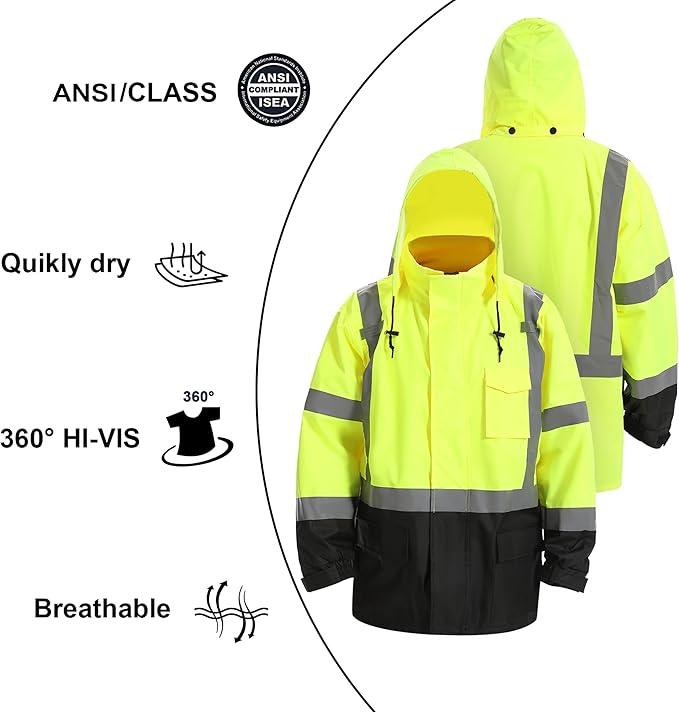 Reflective Rain jackets for men waterproof,Hi Vis Safety Coat With Reflective Strips，High Visibility Class 3 Rain jackets With 2 large pockets，Zipper,Black Bottom Lime,2XL/3XL