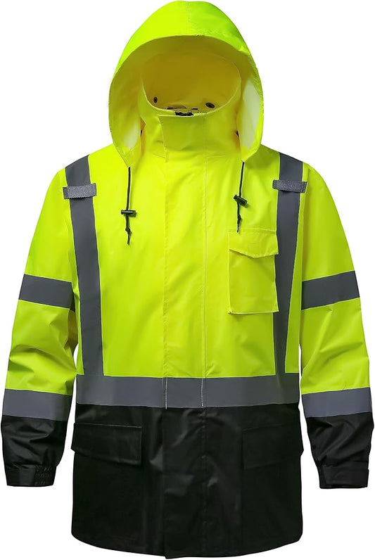 Reflective Rain jackets for men waterproof,Hi Vis Safety Coat With Reflective Strips，High Visibility Class 3 Rain jackets With 2 large pockets，Zipper,Black Bottom Lime,2XL/3XL