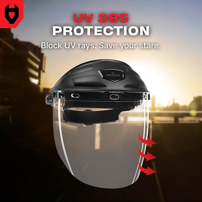 NoCry Premium Safety Face Shield for Grinding and Cutting — Clear Anti-Fog, Impact Resistant Visor and Adjustable Headgear — ANSI Z87.1 Certified for Industrial Use — Washable Sweatbands Included