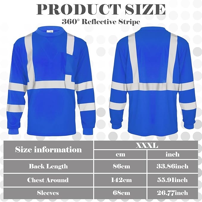 Amylove 4 Pcs Long Sleeve Safety Shirt High Visibility Reflective Construction Work Shirts for Men Women(XXXL,Blue)