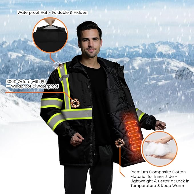 TCCFCCT Reflective Jacket Class 3 Hi Vis Safety Jackets for Men & Women, Construction Bomber Coats for Cold Weather, High Vis Rain Gear, Waterproof, Long J-Black with Green, 2XL