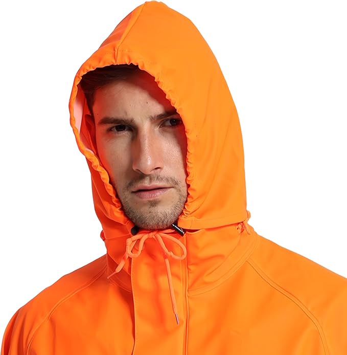Men's Hi Vis PRO Workwear Waterproof 3-Piece Heavy Duty PU Reflective Rain Jacket, Hoodie & Bib Pants for Work and Safety