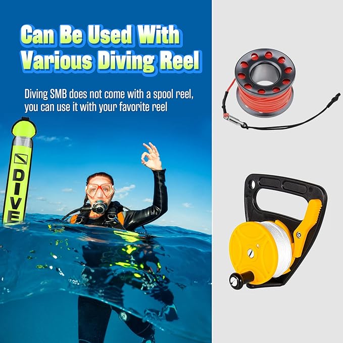 High Visibility Diving Surface Marker Buoy (SMB), Inflatable Scuba Signal Tube with Reflective Band, Safety Sausage Easy Inflate/Deflate for Scuba, Freediving & Snorkeling
