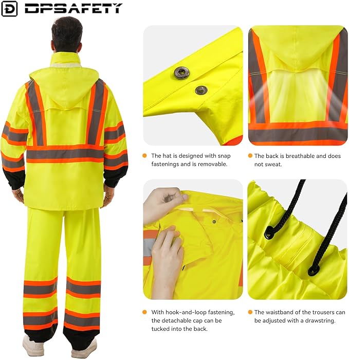 Hi Vis Safety rain Jacket，Reflective Class 3 Rain coat with Inner Mesh Lining and Pockets High Visibility Waterproof work Rain Suits for men&women（Yellow,4XL/5XL）