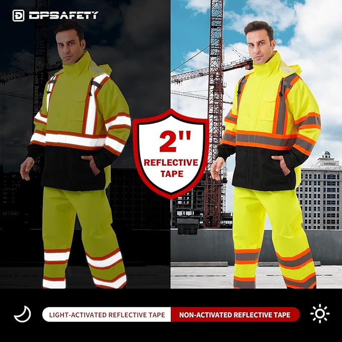 Hi Vis Safety rain Jacket，Reflective Class 3 Rain coat with Inner Mesh Lining and Pockets High Visibility Waterproof work Rain Suits for men&women（Yellow,SM/MD）