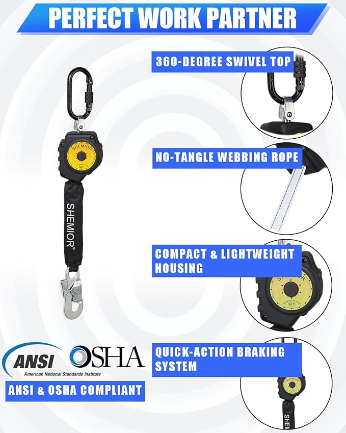 6FT Self Retracting Lifeline, Swivel Top Lightweight Housing Shemior Web SRL ANSI Self Retractable Safety Lanyard, Fall Arrest Protection Gear for Roofing Construction,Snap Hook