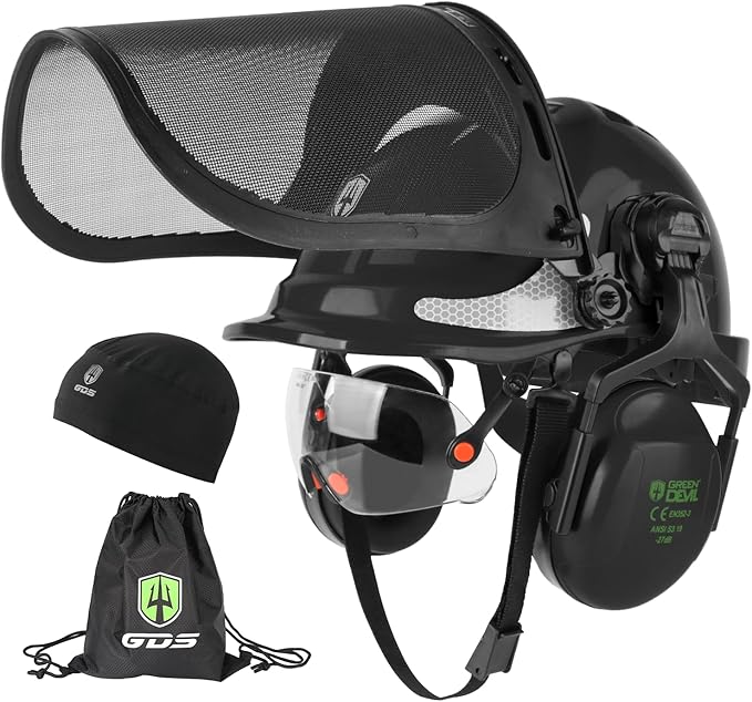 GREEN DEVIL Chainsaw Safety Protective Helmet Forestry Helmet with Build-in Visor Mesh Face Shield Ear Muffs 4 in 1 Ideal for Arborist Tree Work DIY Outdoor Logging Hard hat