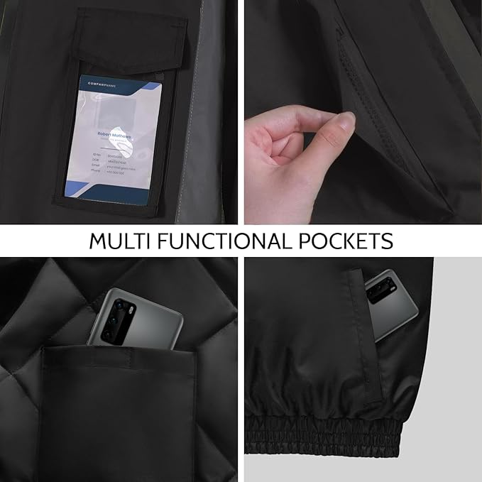 Hi Vis Rain Jackets, Reflective Safety Jacket with Pockets for Men& Women, Construction Coats for Cold Weather, Waterproof Rain Gear, Class 3, Black with Bottom, 4XL