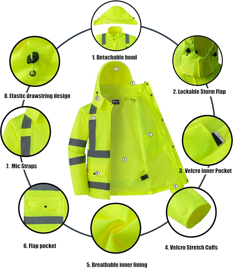 Ubon Men's Reflective Rain Jacket, Waterproof Hi Vis Rain Coat Safety High Visibility Raincoat with Detachable Hood