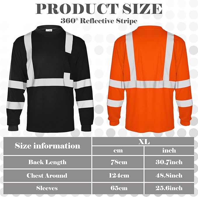 Amylove 4 Pcs Long Sleeve Safety Shirt High Visibility Reflective Construction Work Shirts for Men Women(XL,Orange, Black)
