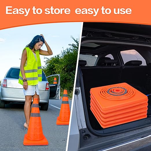 TENKAIWICK 18 Inch 10 Pack Traffic Cones, Collapsible Safety Cones, Multi Purpose Pop-up Cones with Reflective Collar, Orange Cones for Parking lot, Driveway, Driving Training etc