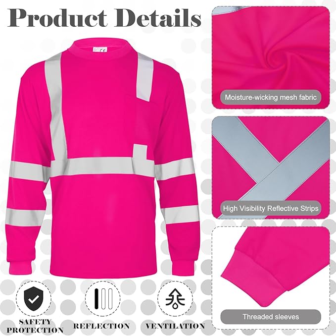 Amylove 4 Pcs Women Long Sleeve Safety Shirt High Visibility Shirts Reflective Construction Work Shirts for Women(M,Rose Red)