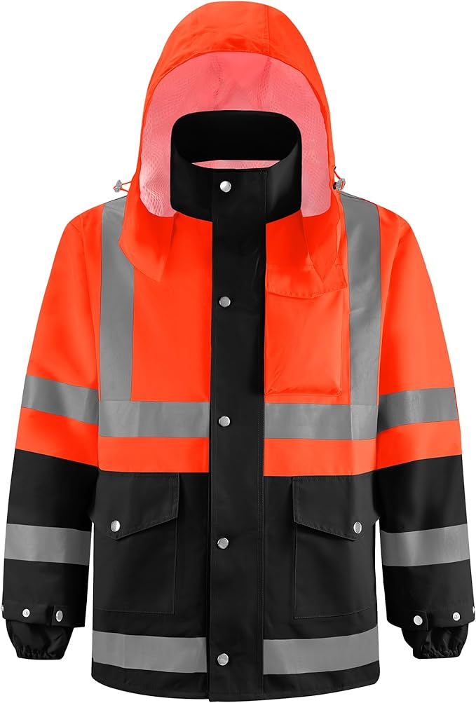 iCreek Reflective High Visibility Safety Jacket,Safety Rain Jacket with Hood,Lightweight Workwear for Outdoor Construction