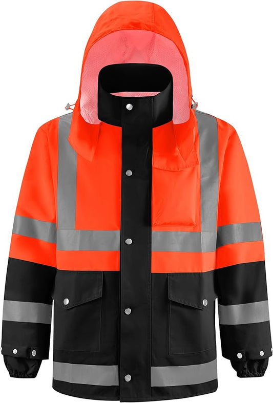 iCreek Reflective High Visibility Safety Jacket,Safety Rain Jacket with Hood,Lightweight Workwear for Outdoor Construction