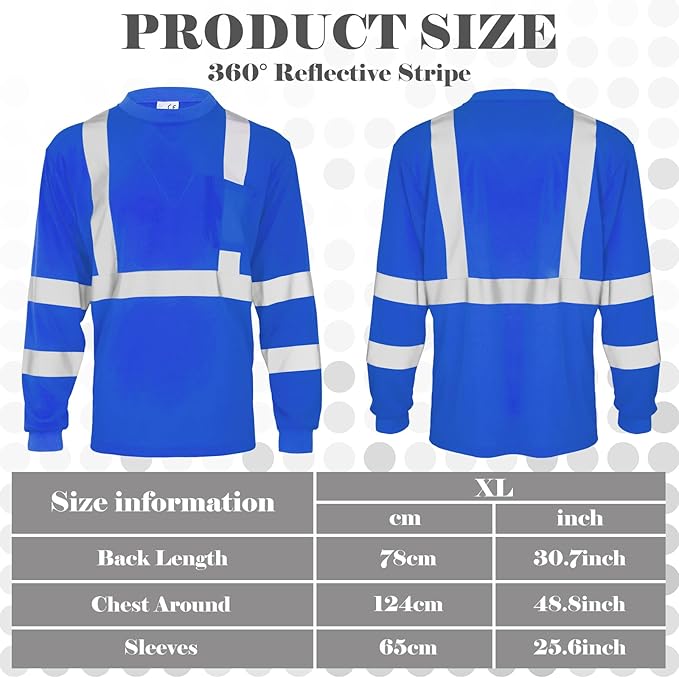 Amylove 4 Pcs Long Sleeve Safety Shirt High Visibility Reflective Construction Work Shirts for Men Women(XL,Blue)