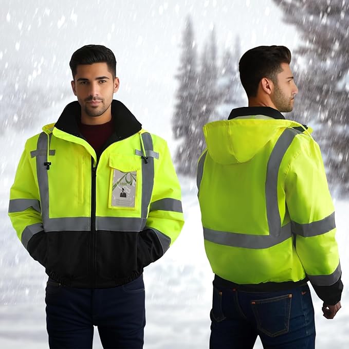 TCCFCCT Safety Jackets for Men, Class 3 High Visibility Reflective Jacket, Hi Vis Jackets for Men with Black Bottom, Waterproof Winter Bomber Work Coat for Construction, Meets Ansi, J-Yellow M
