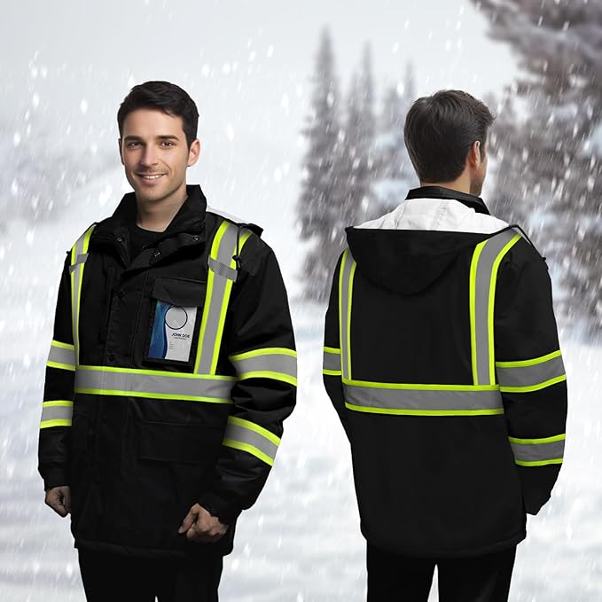 TCCFCCT Hi Vis Jackets for Men & Women, Waterproof Reflective Safety Jacket with Pockets, Construction Coats for Cold Weather, High Vis Rain Gear, Long J-Black with Green, XL