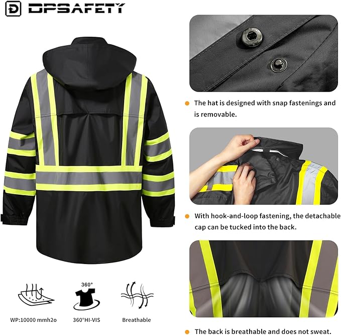 Reflective Rain jackets for men waterproof,Hi Vis Safety Coat With Reflective Strips，High Visibility Class 3 Rain jackets With 2 large pockets，Zipper,Black ，4XL/5XL