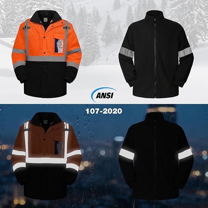 TCCFCCT 3-in-1 Hi Vis Winter Bomber Jackets for Men with Zippered Detachable Fleece Liner, Waterproof Reflective Safety Construction Coats for Cold Weather, High Vis Rain Gear, 3-in-1-Orange L