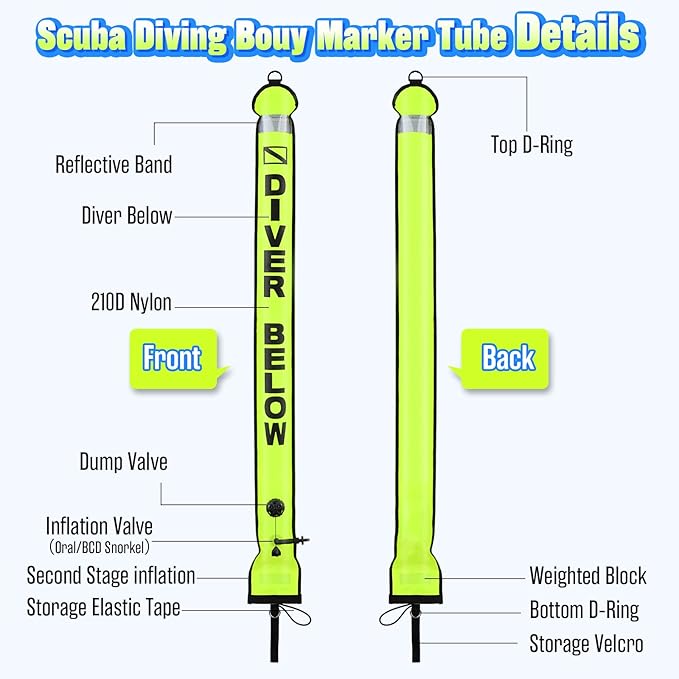 High Visibility Diving Surface Marker Buoy (SMB), Inflatable Scuba Signal Tube with Reflective Band, Safety Sausage Easy Inflate/Deflate for Scuba, Freediving & Snorkeling