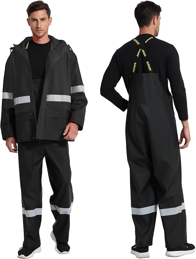 Men's Hi Vis PRO Workwear Waterproof 3-Piece Heavy Duty PU Reflective Rain Jacket, Hoodie & Bib Pants for Work and Safety