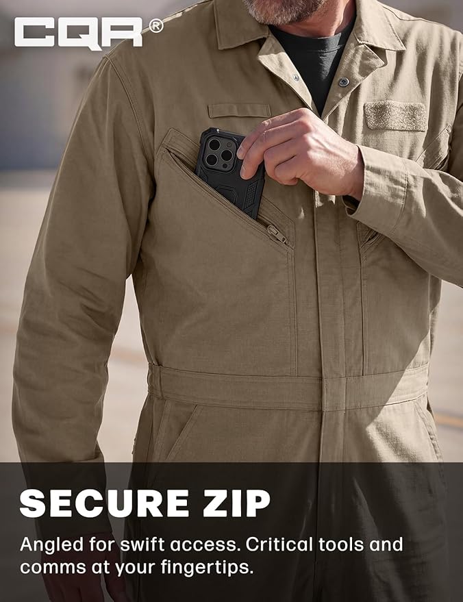 CQR Men's Tactical Ripstop Zip-Front Coverall, Lightweight Durable Utility Work Jumpsuit for Mechanics and Technicians