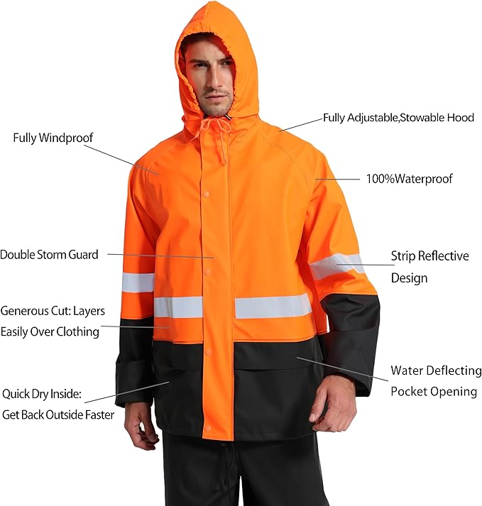 Men's Hi Vis PRO Workwear Waterproof 3-Piece Heavy Duty PU Reflective Rain Jacket, Hoodie & Bib Pants for Work and Safety