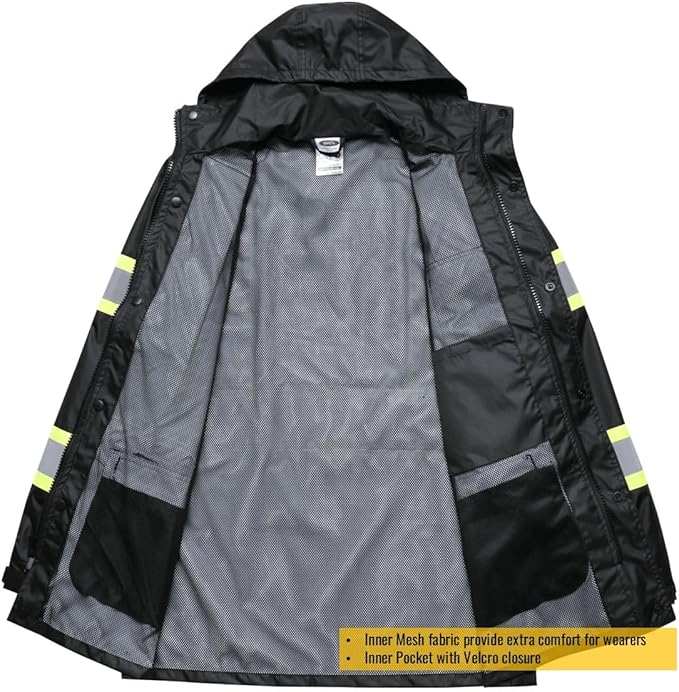 JKSafety Hi-Vis Reflective Safety Rain Jacket for Men Women Waterproof Rain Gears for Farming Fishing Work HV Rain Jacket with Inner Mesh Lining and Pockets (117A-Black XXL)