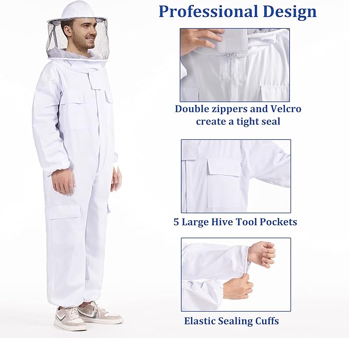 Professional Bee Suits for Men Women Sting Proof with Round Veil, Sting-Proof Full Body Protection Beekeeping Suit with Glove