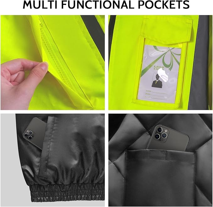 TCCFCCT Hi Vis Rain Jackets for Men, Class 3 Reflective Safety Jackets for Men, Waterproof High Visibility Winter Bomber Jacket for Mens Construction Work, Cold Weather Use, Meets Ansi, J-Yellow 5XL