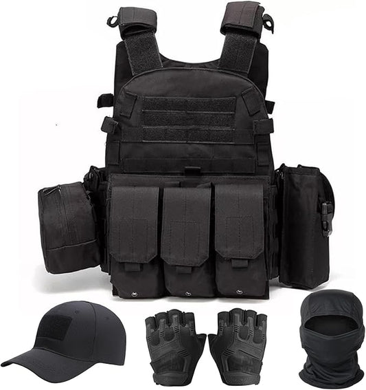 VPZenar Tactical Vest for Men, Airsoft Vest, Black Molle Vest and Cap Protective Equipment, Tactical Airsoft Gear
