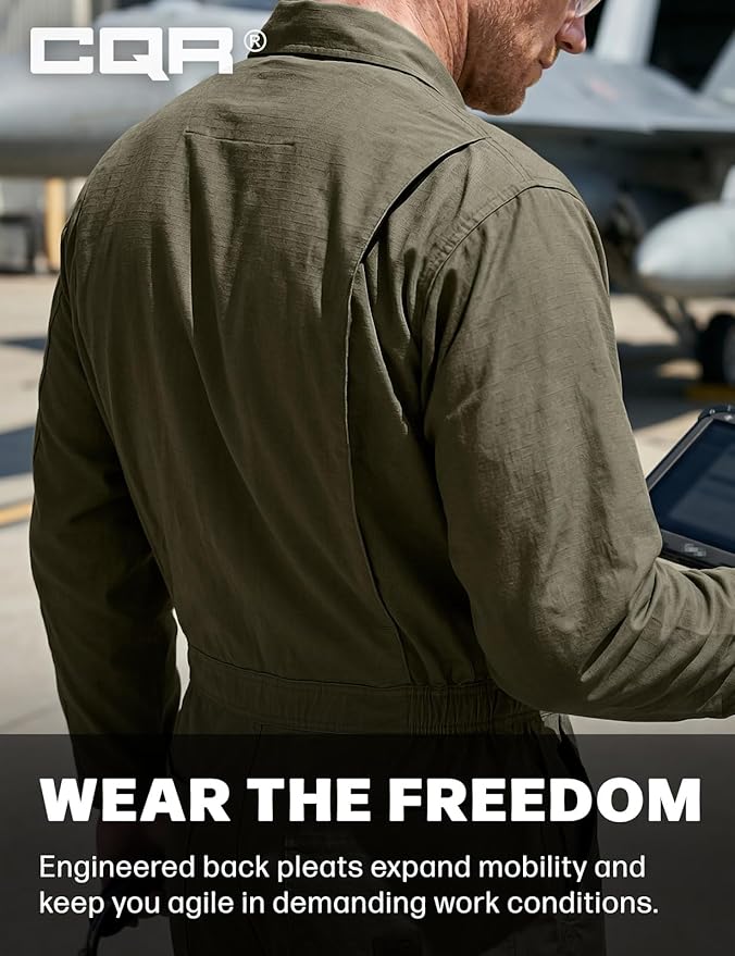 CQR Men's Tactical Ripstop Zip-Front Coverall, Lightweight Durable Utility Work Jumpsuit for Mechanics and Technicians