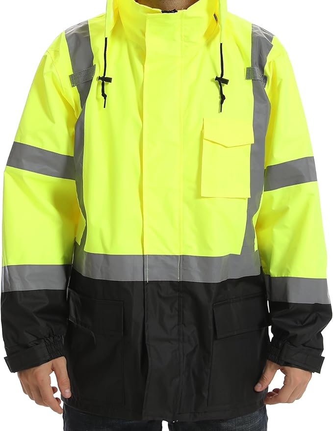 Reflective Rain jackets for men waterproof,Hi Vis Safety Coat With Reflective Strips，High Visibility Class 3 Rain jackets With 2 large pockets，Zipper,Black Bottom Lime,LG/XL