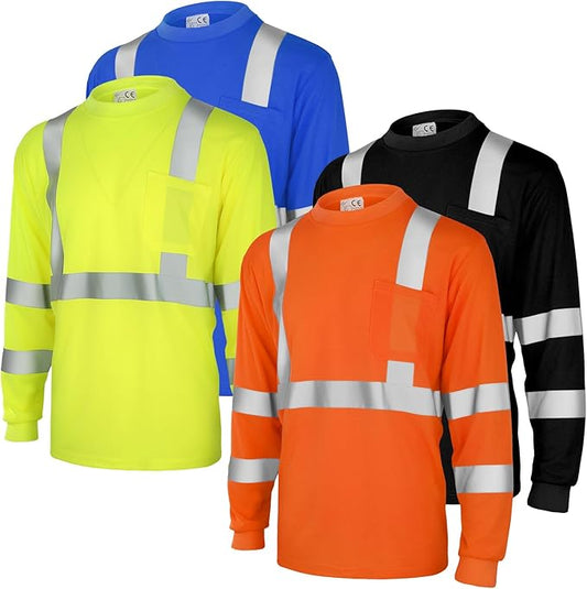Amylove 4 Pcs Long Sleeve Safety Shirt High Visibility Reflective Construction Work Shirts for Men Women(XL,Yellow, Orange, Black, Blue)