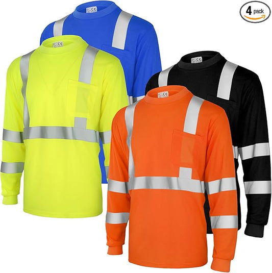 Amylove 4 Pcs Long Sleeve Safety Shirt High Visibility Reflective Construction Work Shirts for Men Women(L,Yellow, Orange, Black, Blue)