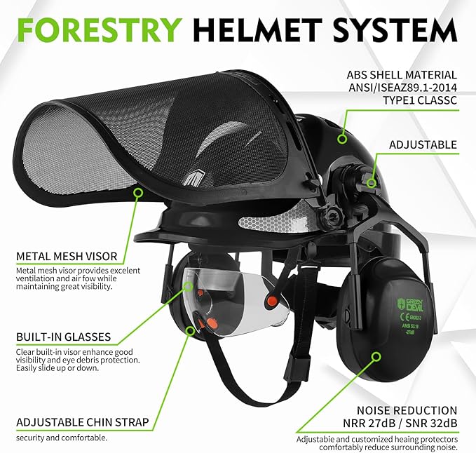GREEN DEVIL Chainsaw Safety Protective Helmet Forestry Helmet with Build-in Visor Mesh Face Shield Ear Muffs 4 in 1 Ideal for Arborist Tree Work DIY Outdoor Logging Hard hat